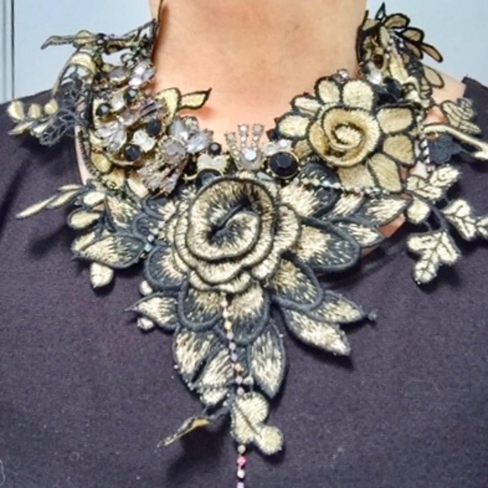 Black and gold fabric and “jeweled” necklace